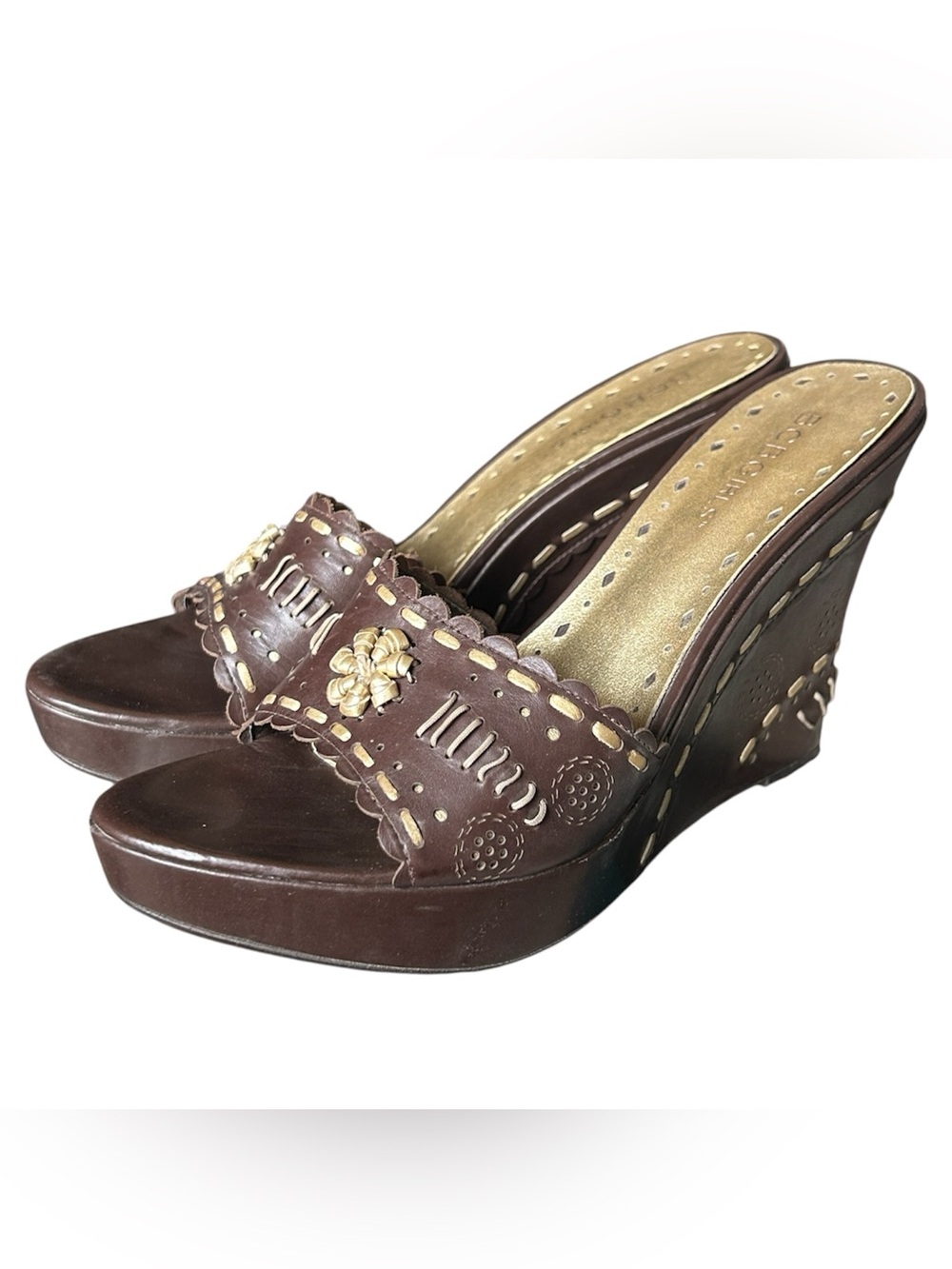 Y2K Boho “BCBGirls” Brown Leather Beaded Wedge Sandals